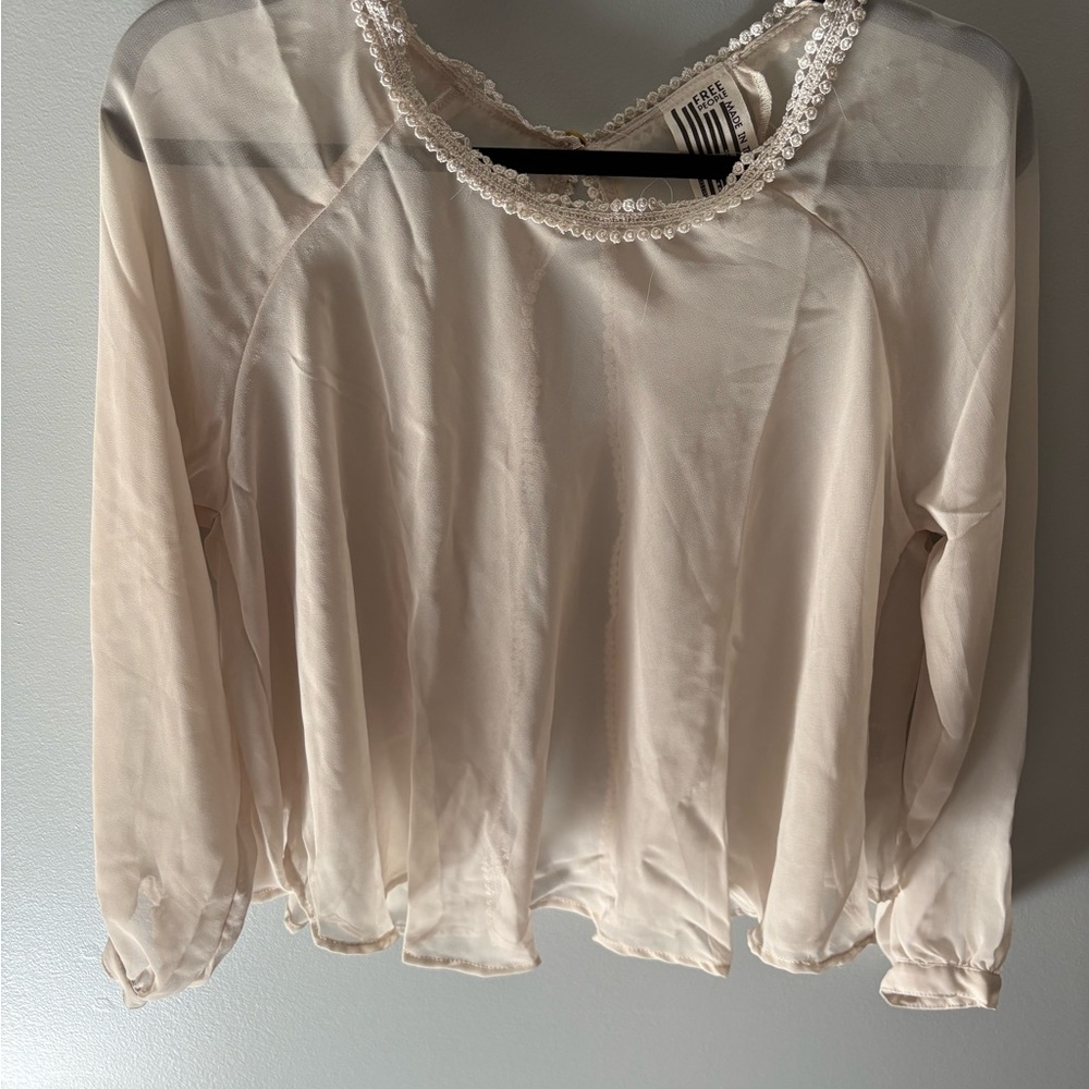Free People Ivory Sheer Blouse with Beaded Neckline